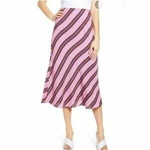 Leith Striped Bias Cut Pull On Striped Pink Midi Skirt NWT!